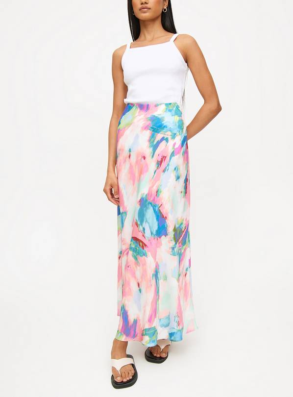 Abstract Print Satin Maxi Skirt 16